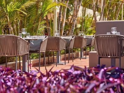 Außenbereich eines Restaurants mit modernen Stühlen und Tischen, umgeben von Palmen.