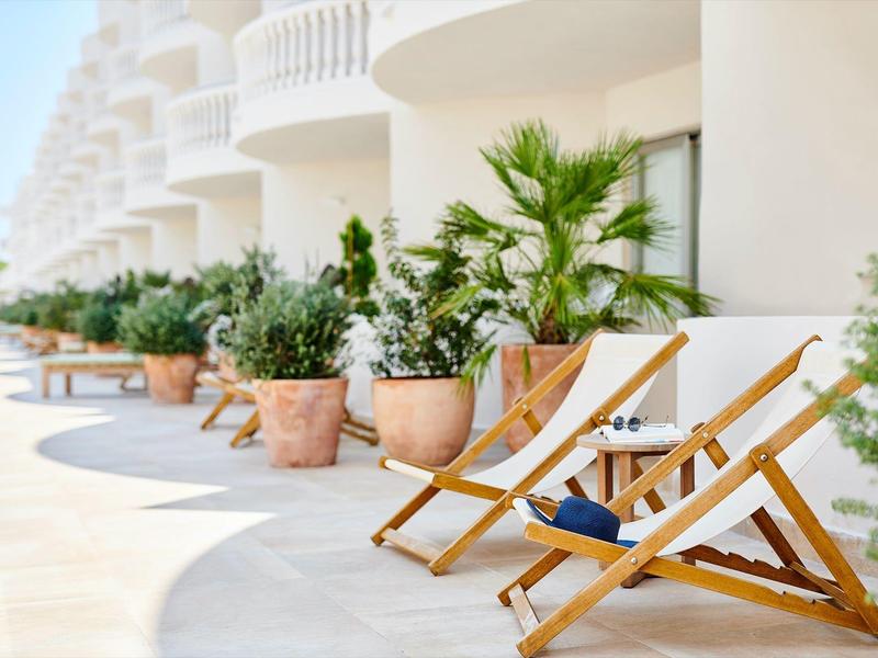 Leżaki i rośliny na słonecznym tarasie hotelu