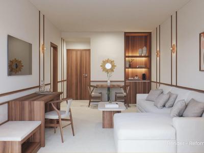 Nowoczesny salon z białą sofą i drewnianymi akcentami w pokoju hotelowym.