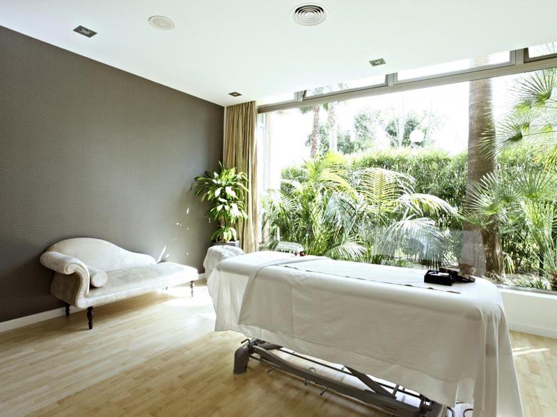 Bright spa room with massage table, lounge chair, wood floor, and large window view of palm trees.