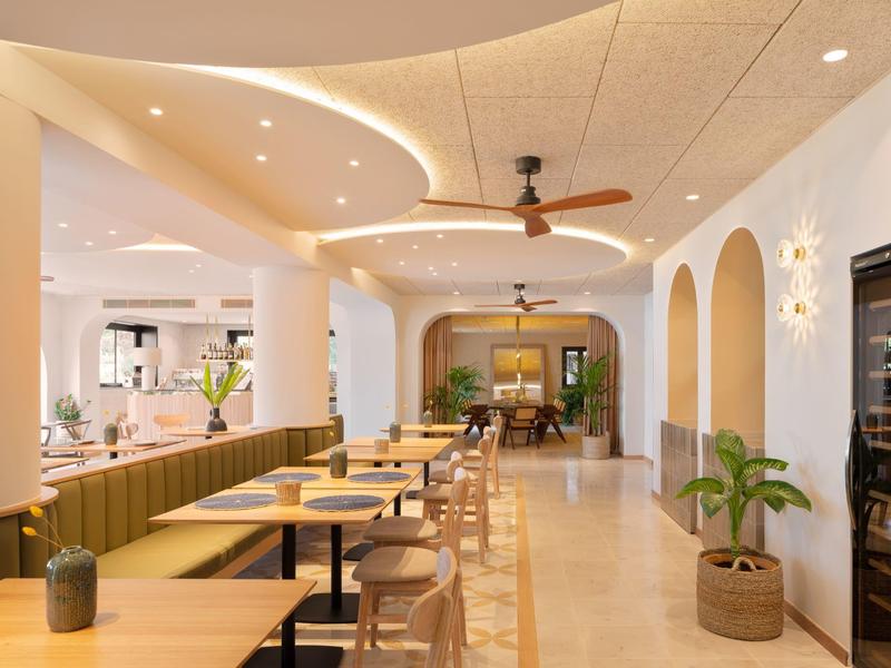 Bright modern hotel restaurant with wooden tables, chairs, and decorative plants.