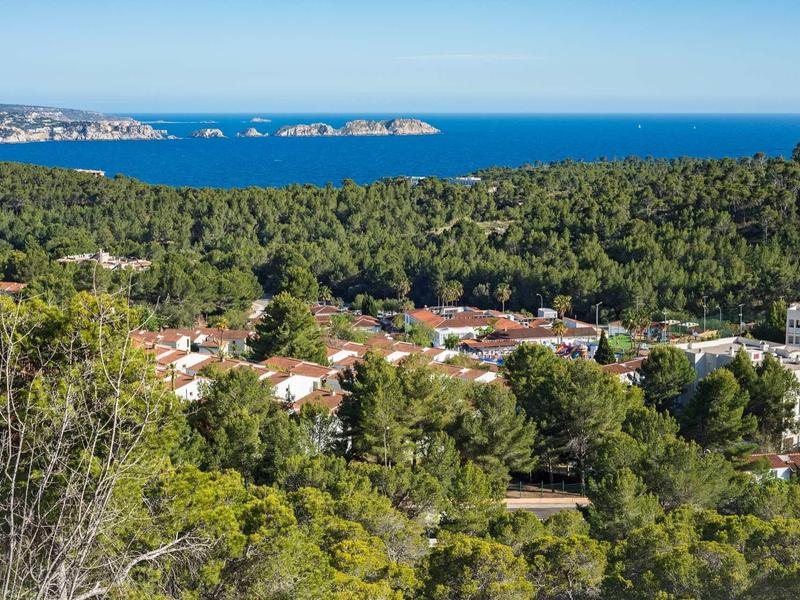 Blick auf eine Küstenstadt mit vielen grünen Bäumen, roten Dächern und blauem Meer im Hintergrund.