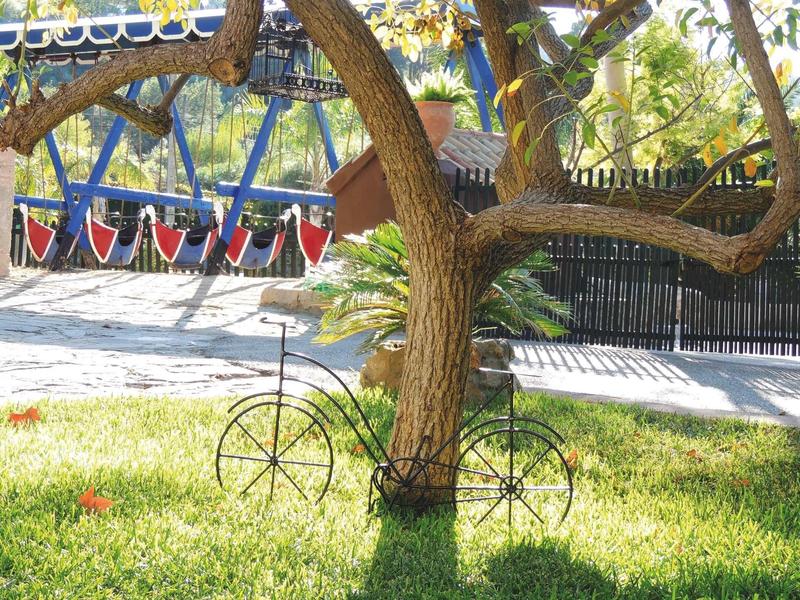Umělecké kolo zdobí strom v slunné hotelové zahradě.