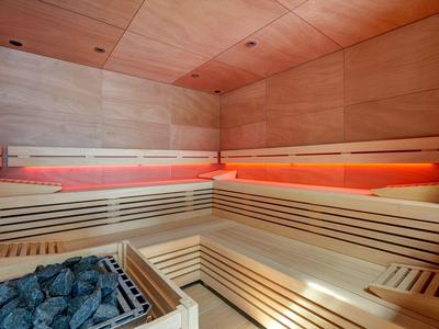 Sauna in legno moderno con luci LED rosse e pietre per la stufa sauna.