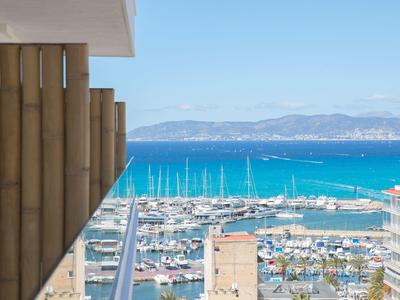 Widok na marinę z wieloma łodziami i niebieskim morzem pod czystym niebem.