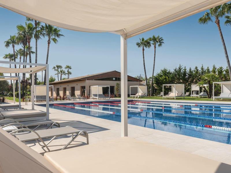 Buitenzwembad met ligstoelen en palmbomen onder een heldere blauwe lucht.