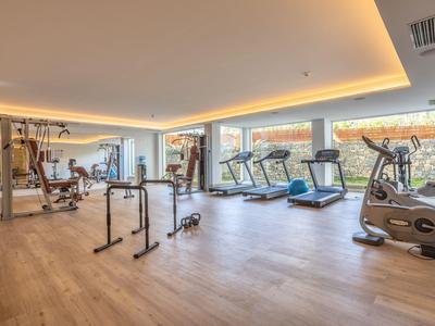 Modern fitness room with treadmills, bikes, and strength equipment in bright space with large windows.