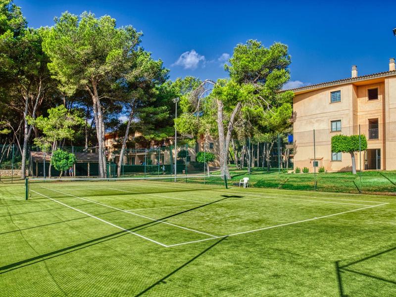 Pista de tenis con césped artificial verde y árboles al fondo bajo un clima soleado.