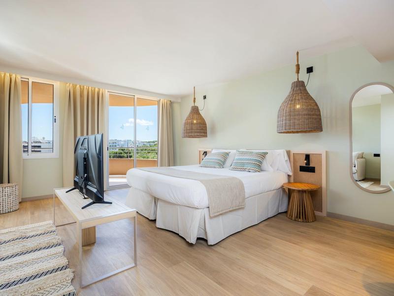 Camera d'albergo luminosa con letto matrimoniale, TV, spazio di archiviazione e vista panoramica.