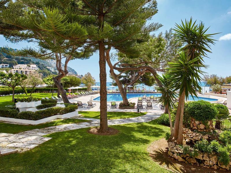 Grüner Garten mit Palmen, Tannen und Pool, umgeben von Liegestühlen und blauem Himmel.