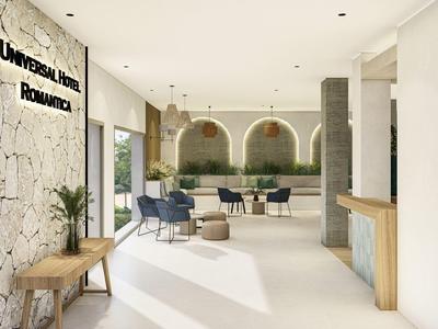 Jasna przestrzeń hotelowa z nowoczesnymi meblami i dużymi oknami