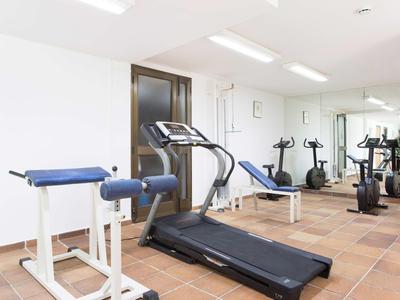 Salle de sport moderne avec tapis roulant, vélos d'exercice et banc d'entraînement devant un grand miroir.