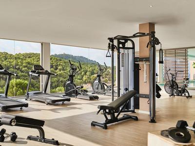 Moderne fitnessruimte met uitzicht op groene heuvels en diverse trainingsapparatuur.