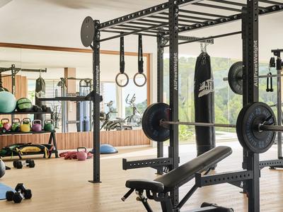 Moderne sportschool met gewichthefapparatuur, turnringen en halters in een lichte kamer.