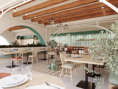 Restaurante luminoso con muebles modernos y plantas verdes, ambiente elegante.