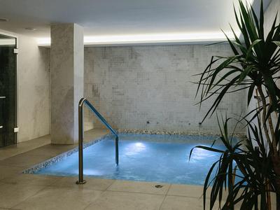 Piscina interior climatizada con barandilla de acero inoxidable y planta en primer plano en un ambiente relajante.