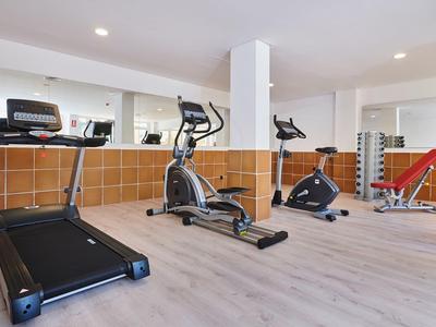 Moderner, heller Fitnessraum mit Laufband, Crosstrainer, Fahrrad und Hantelbank.