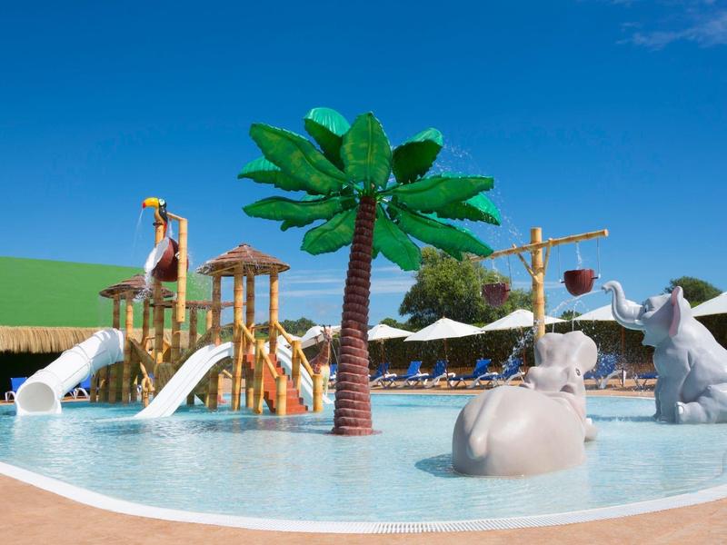 Piscina con scivoli, palma e giochi a forma di animali in un parco acquatico soleggiato.