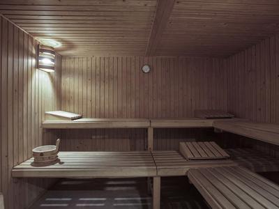 Houten sauna met meerdere niveaus zitbanken en houten emmer met lepel.