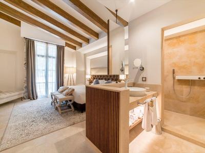 Jasny pokój hotelowy z drewnianymi belkami sufitowymi, łóżkiem, wyspą z umywalką i dostosowaną łazienką z prysznicem.