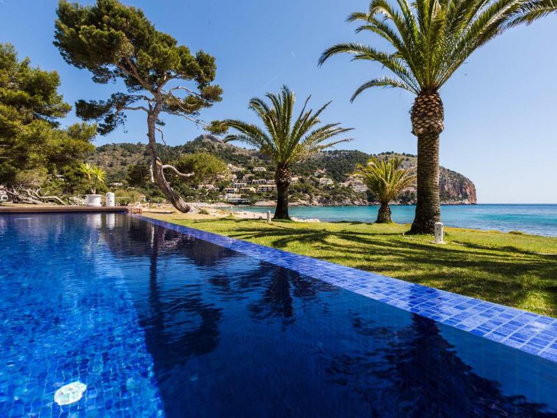 Niebieski basen obok palm i trawiastej powierzchni z widokiem na morze przy czystym niebie.