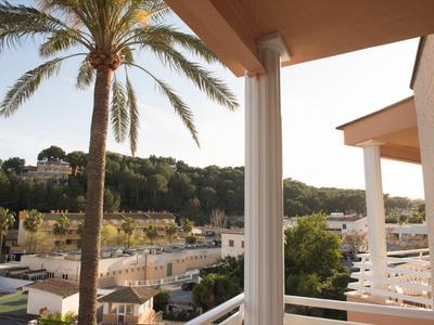 Vista da un balcone con colonne bianche e una palma su una valle boschiva e case.