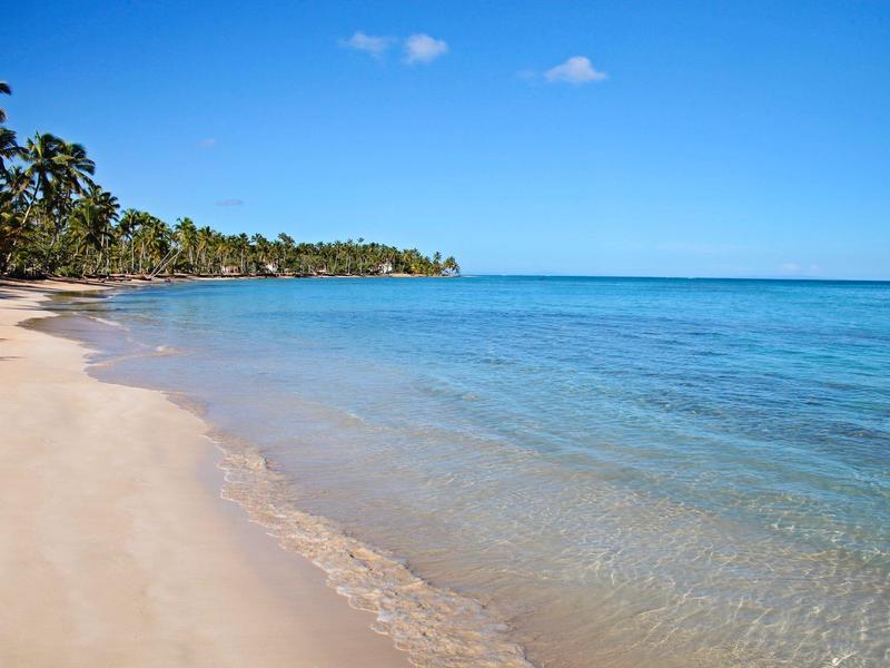 Strand mit feinem Sand, ruhigem türkisblauem Wasser und Palmen unter blauem Himmel.
