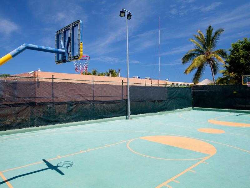 Leerer, türkiser Basketballplatz mit zwei Körben, Palmen und blauem Himmel im Hintergrund.