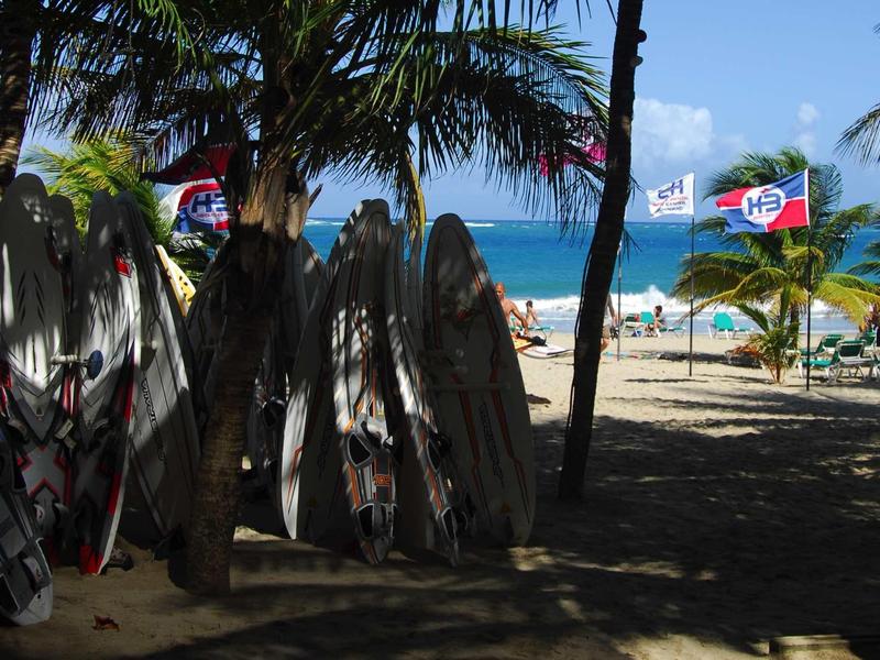Strand mit Palmen, Surfboards am Schatten und bunten Flaggen vor blauem Meer und klarem Himmel.