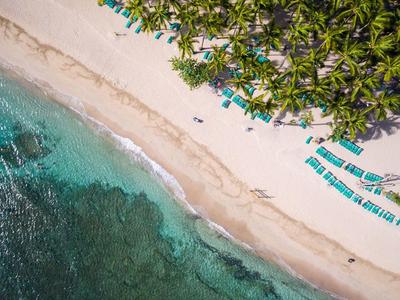 Strand mit türkisfarbenem Wasser, weißem Sand und grünen Palmen, daneben liegen blaue Liegestühle.