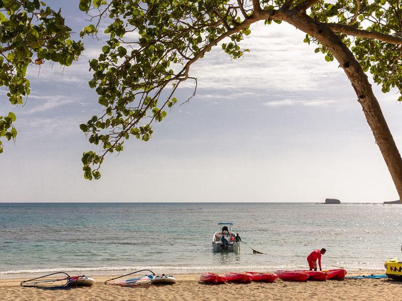 Strand mit Boot im Wasser, Bäumen im Vordergrund und mehreren Wassersportgeräten am Sand
