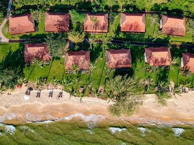 Rote Dächer, grüne Gärten und Palmen entlang eines sandigen Strandes mit blauem Meer.