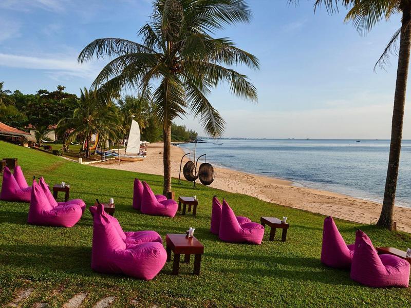 Grüne Wiese am Strand mit lila Sitzsäcken, Palmen und Blick auf das Meer bei blauem Himmel.