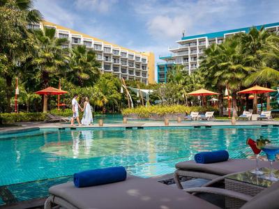 Hotelpool mit Liegestühlen, Sonnenschirmen und tropischer Vegetation unter blauem Himmel.