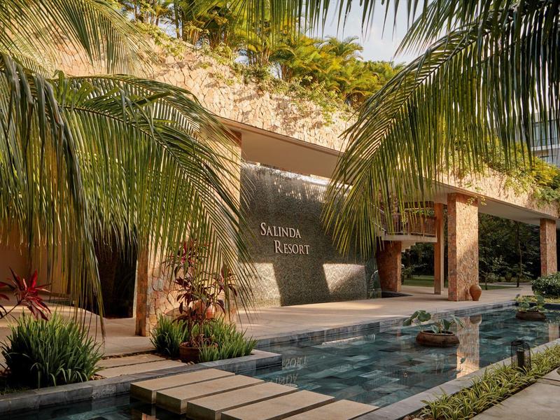 Entrada de un hotel entre palmeras con piscina y decoración natural