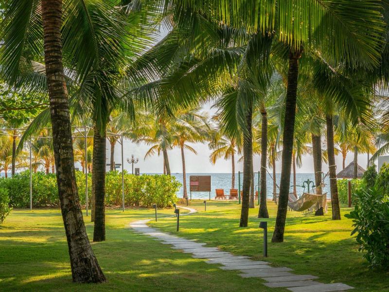 Grüner Garten mit Palmen und Blick auf eine Holzterrasse am Strand.