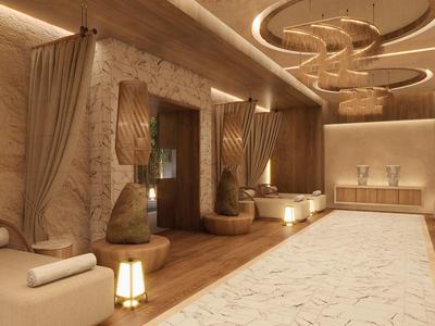 Ein luxuriöser Spa-Raum mit warmem Licht, bequemen Liegen, Vorhängen und stilvoller Deko.