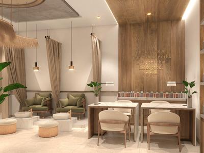 Modernes Café mit Holzdecke, beigen Wänden, Pflanzen, bequemen Sesseln und runden Tischen.