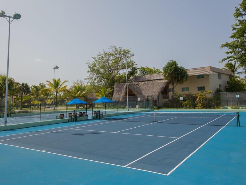 Ein leerer Tennisplatz bei klarem Himmel mit Bäumen und Gebäuden im Hintergrund.