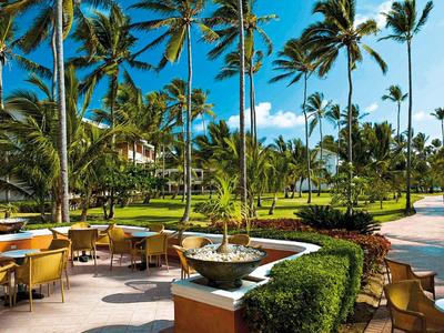 Sunny terrace with tables, chairs, and palm trees in a tropical hotel garden.