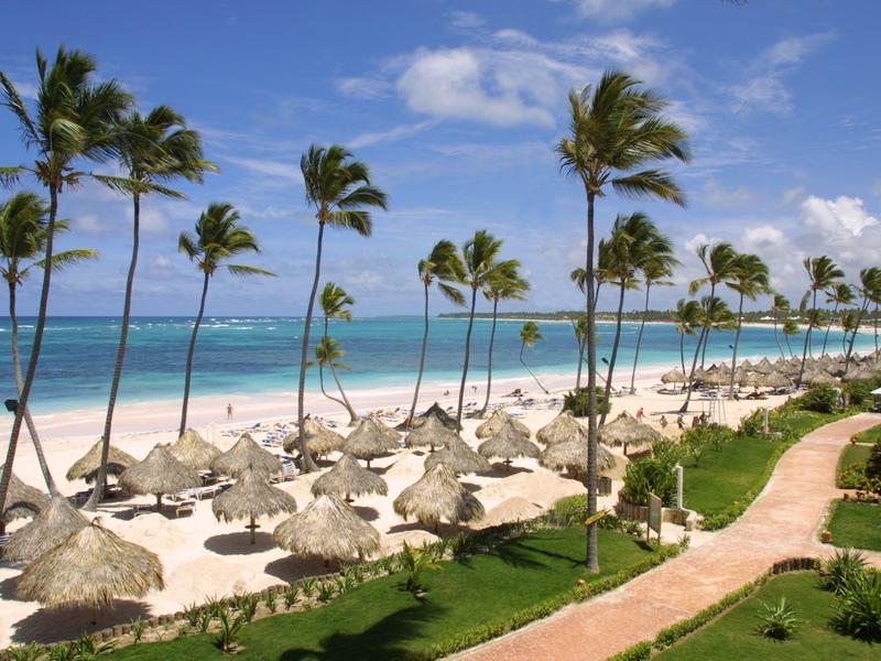 Beach with palm trees, thatched umbrellas, and blue sea under clear sky.