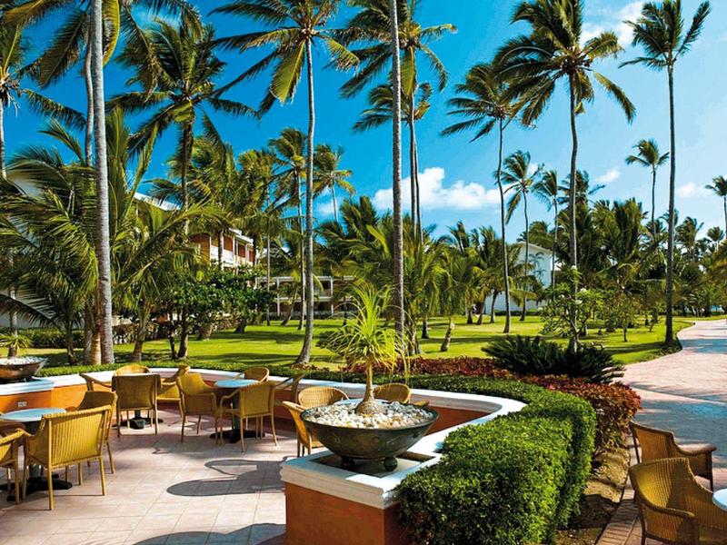 Hotel outdoor area with terrace, tables, chairs, palm trees, and blue sky.