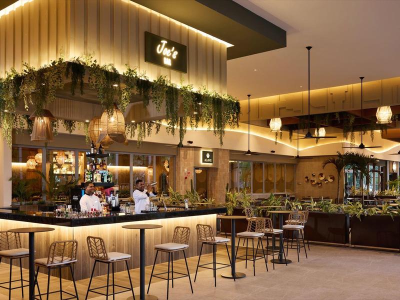 Elegant hotel bar with hanging plants, wooden furniture, and warm lighting fixtures.