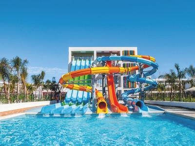 Colorful water slides in an outdoor pool under a blue sky with palm trees in the background.