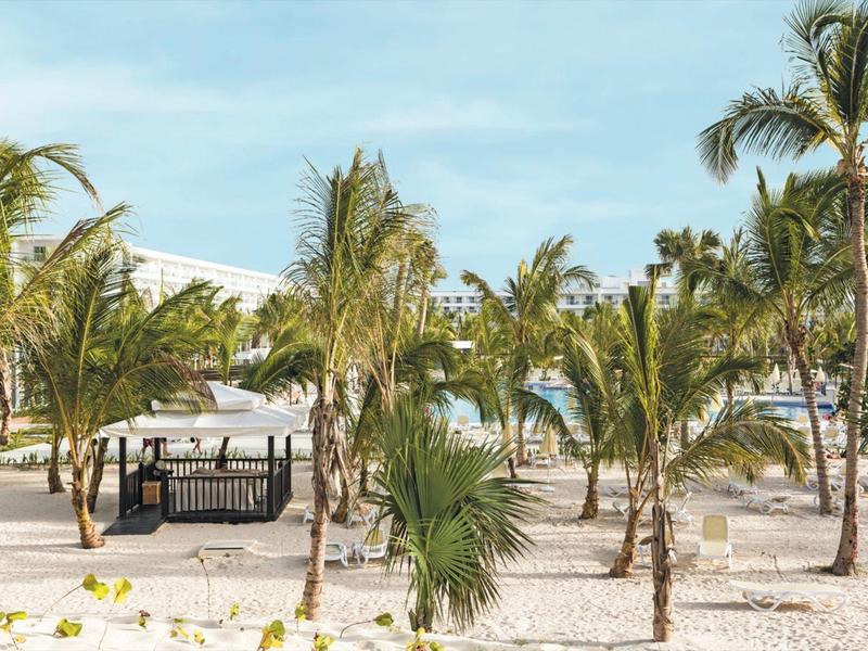 Beach hotel with sand, palm trees, and lounge chairs under a blue sky.