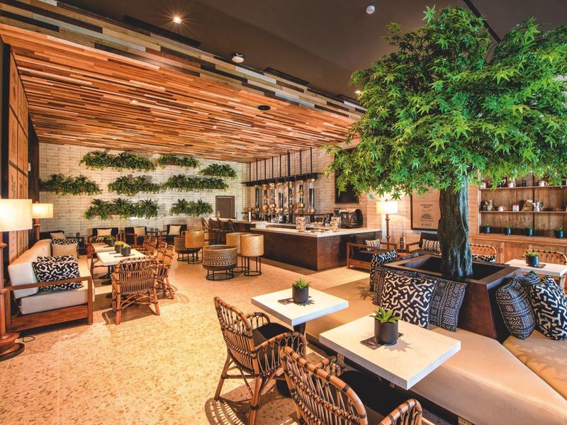 Salon d'hôtel confortable avec panneaux en bois, plantes et sièges modernes