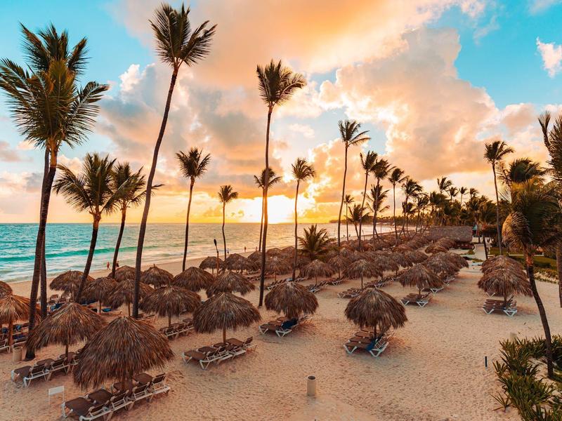 Spiaggia con palme e ombrelloni al tramonto vicino al mare