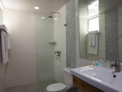 Lichte badkamer met glazen douche, toilet, wastafel en grote spiegel.