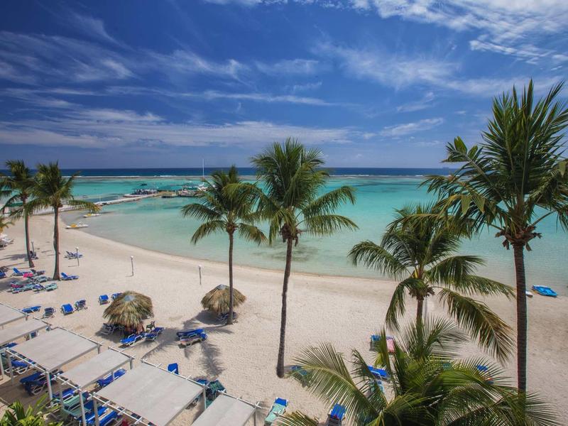 Uitzicht op een tropisch zandstrand met palmboom en helderblauwe zee onder een blauwe lucht.