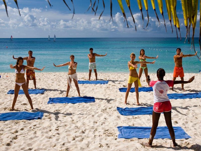 Groupe pratiquant le yoga sur une plage de sable avec vue sur l'océan et feuilles de palmier au-dessus.